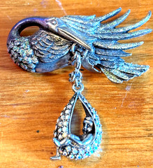Rare Kirks Folly “Stork and Baby” Brooch Gunmetal AB Crystal Opalite Vintage