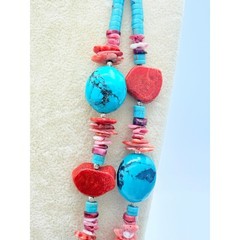 Turquoise & Sponge Coral Necklace, Double Strand, 925 Clasp, 1990s–2000s