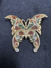 R. Steinmertz SFJ Butterfly Brooch Lapel Pin Goldtone Stained Glass 1970’s