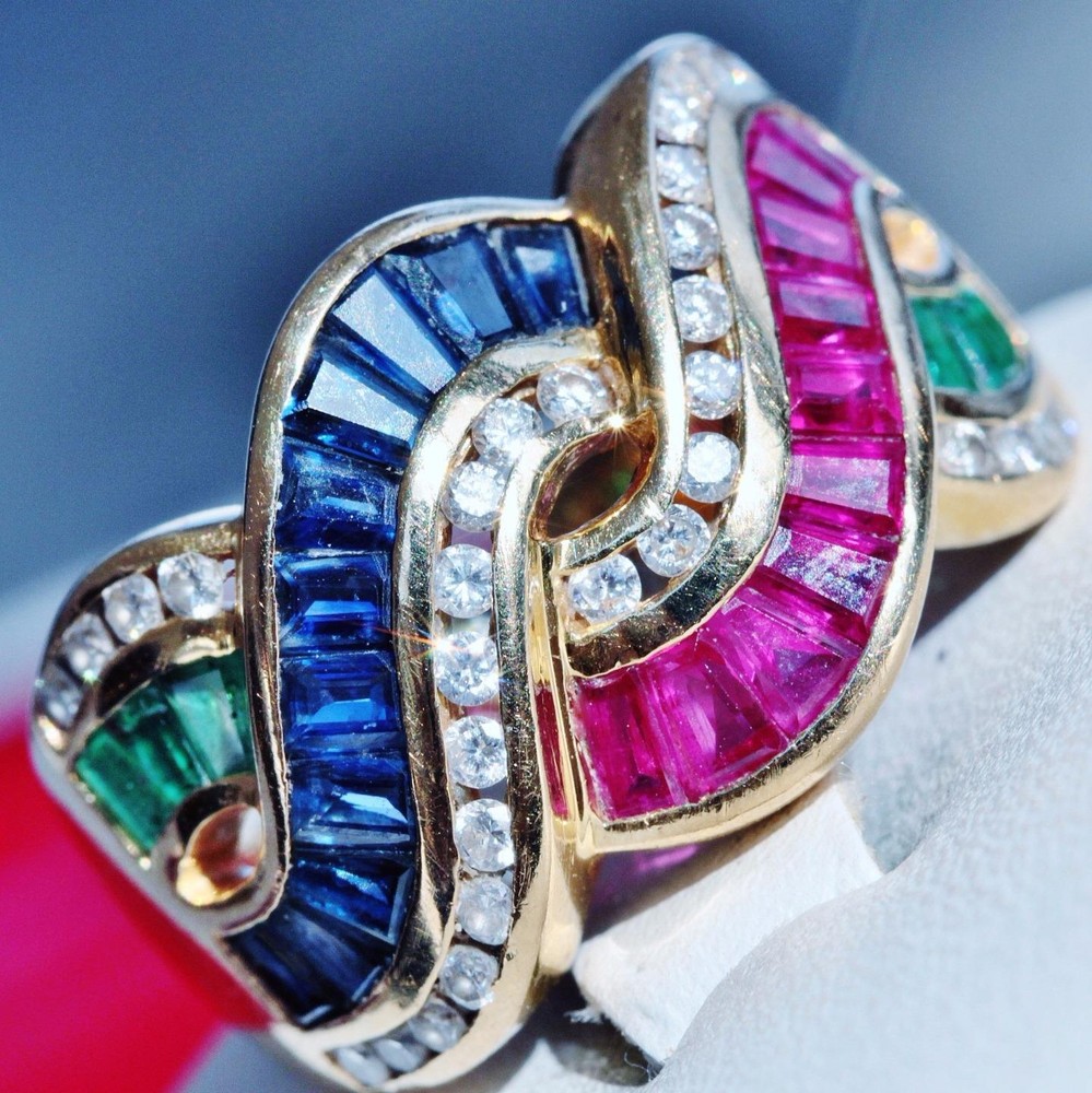 18k yellow gold size 6 ring 2.50ct treated multi gemstone diamond 7.2gr scr2119