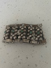 Vintage Silver Mexican Modernist Caviar Link Bracelet W/Small Cabochon Turq Ston