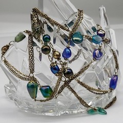 Vintage Art Glass Peacock Iridescent Venetian? Necklace 28″ Long Flapper Length