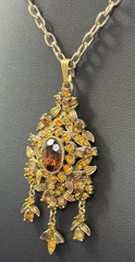 Vintage 60s Hollycraft Ornate Rhinestone Necklace Pendant Yellow Brown Gold Tone
