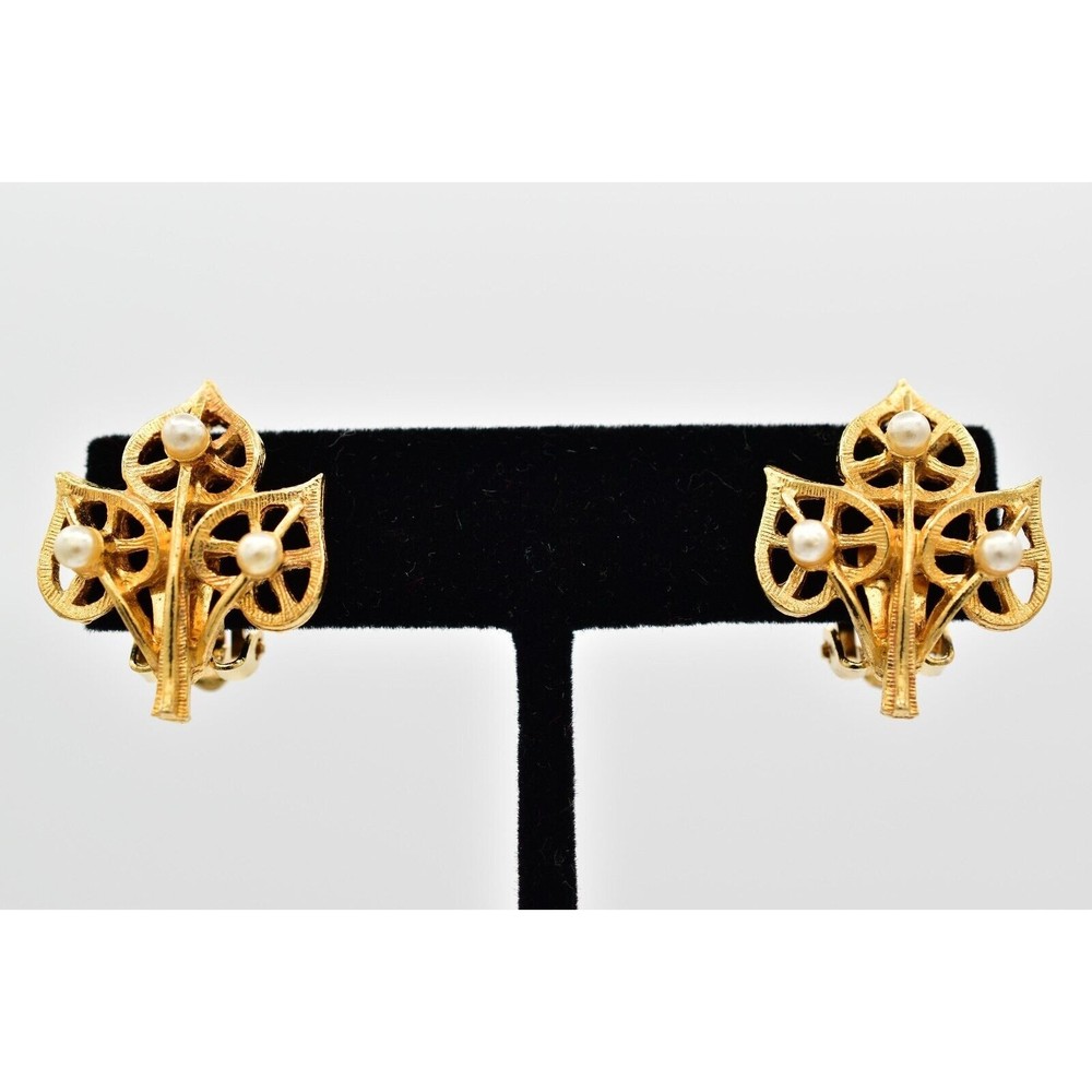 Vintage Leaf Clip Earrings Brushed Gold White Seed Pearl NOS 1980s 9C