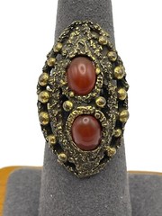Copper Tone Red Lucite Acrylic Bead Coctail Ring Adjustable Size 6.5 BOHO Chunky