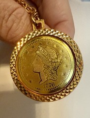 Vtg. 1776 Double Sided Gold Tone Coin Pendant Necklace, 23″