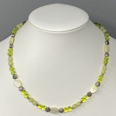 Dainty Glass Station Necklace Lime Green Druk Bead MOP Frosted Acrylic Faceted