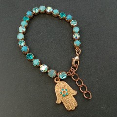 AMARO Tennis Bracelet Hamsa Turquoise Aqua Blue Crystals Gold Tone VTG Boho AB