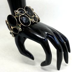 Fashion Oval Gem Cluster Chunky Cuff Black Smokey Deep Green Stretch Bracelet 9”