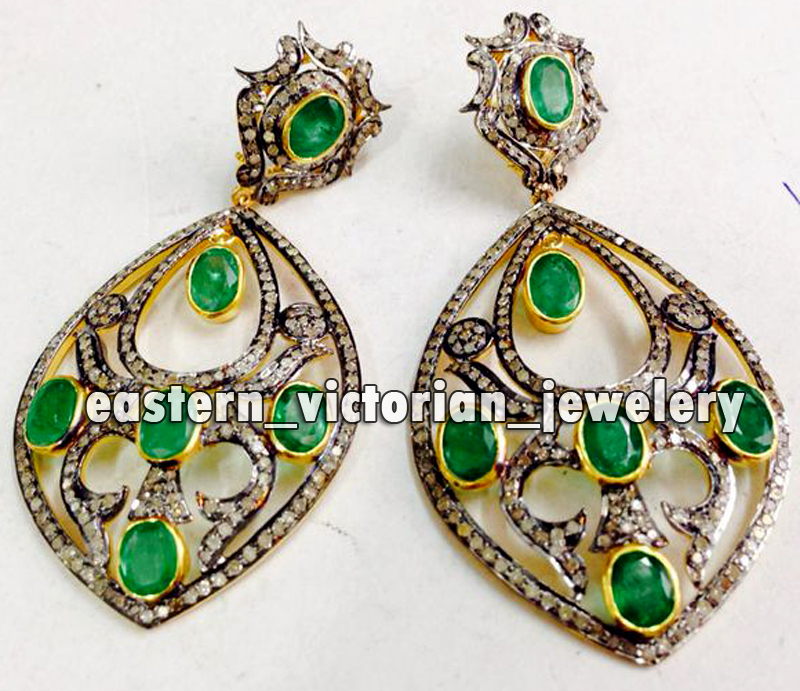 Vintage 2.90ctw Rose cut Diamond Emerald Studded Silver Gorgeous Earring Jewelry