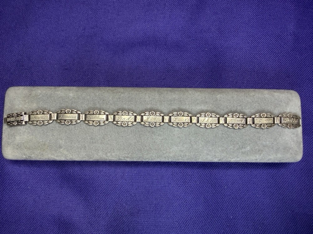 VTG WWII Sterling Silver Forget-Me-Not Engraved Family Link Bracelet 1945 14.5g