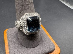 Vtg Style 925 Sterling Silver London Blue Topaz Emerald Cut CZ Halo Ring Sz 10