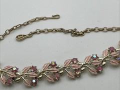 Coro Necklace Mid-Century Gold Pink Leaves W/ Pink Rhinestone Flowers Choker
