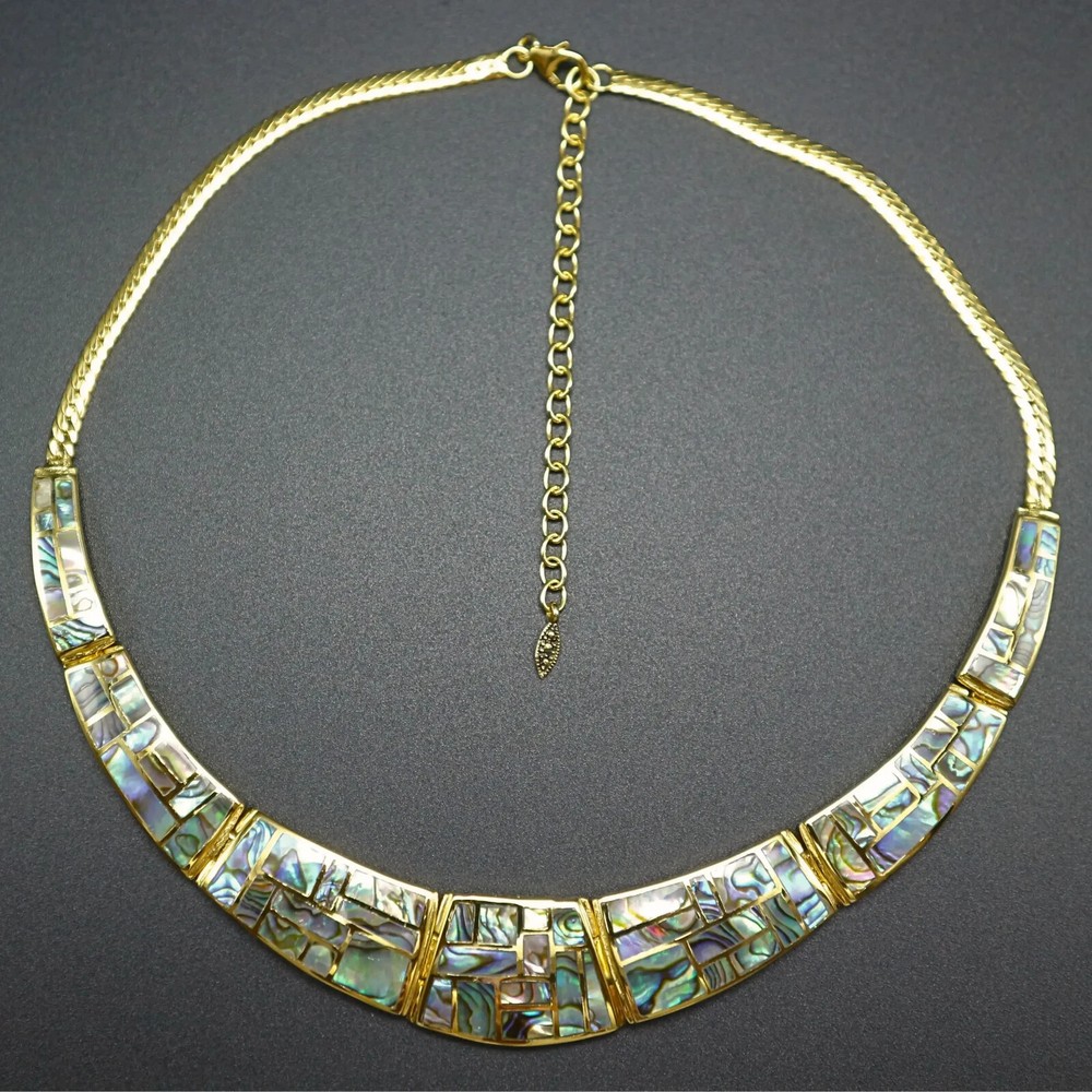 14k Gold Plated Brass Choker Collar Necklace with Abalone