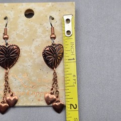 Vintage Wheeler Heart-Shaped Copper Dangle Earrings 2″ Chain Fringe w/ Hearts So