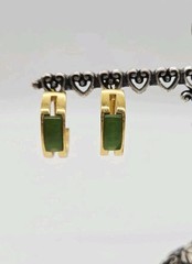 Crown Trifari Hoop Earrings Green inlay Gold tone cut out design Vintage .75 in