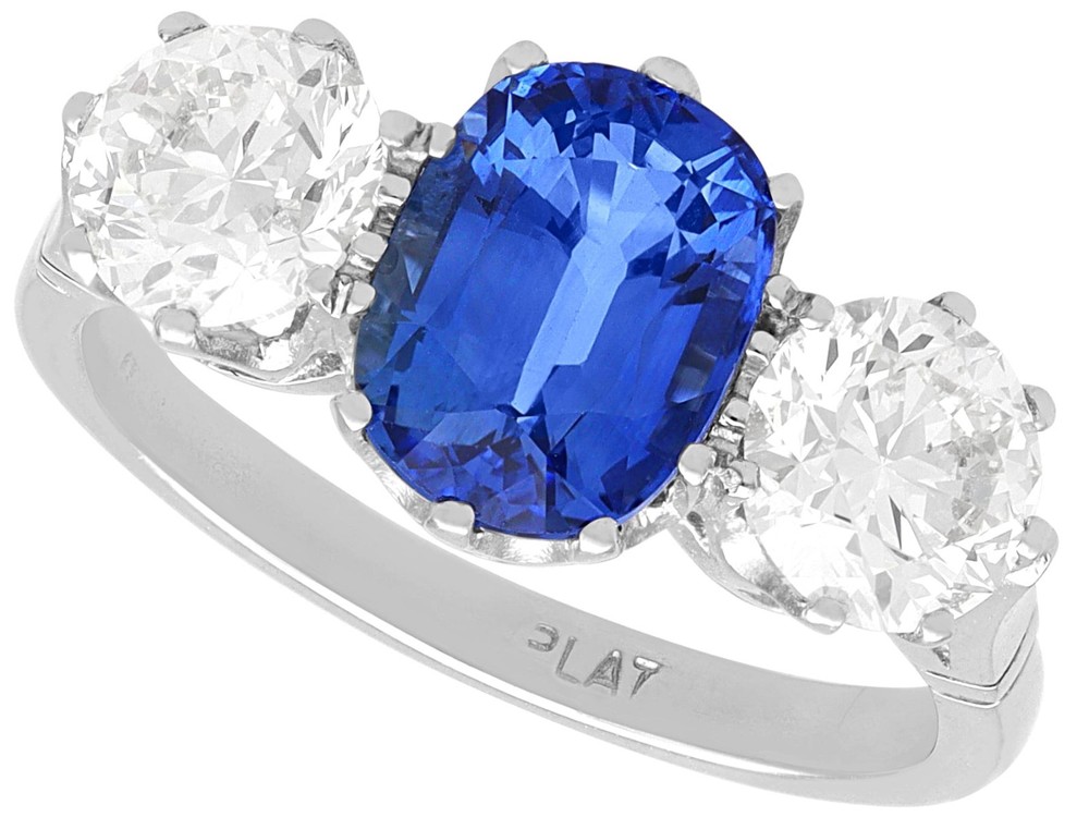 2.34Ct Madagascar Sapphire and 1.85Ct Diamond Platinum Trilogy Ring Circa 1945