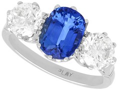 2.34Ct Madagascar Sapphire and 1.85Ct Diamond Platinum Trilogy Ring Circa 1945