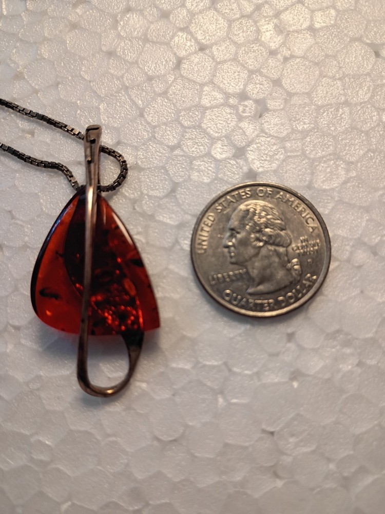 Vintage Baltic Amber Pendant Necklace With Silver Tone Chain, 16″ Long