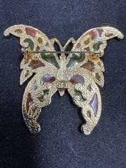 R. Steinmertz SFJ Butterfly Brooch Lapel Pin Goldtone Stained Glass 1970’s