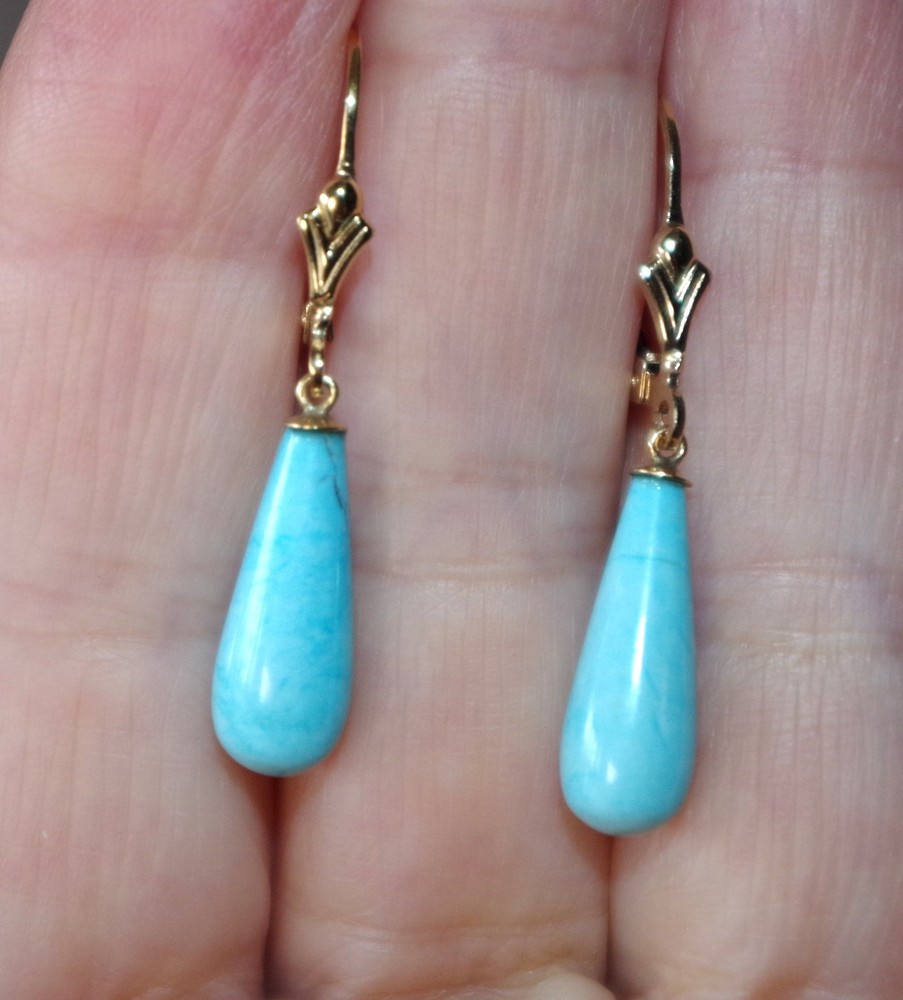Vintage Gorgeous Genuine 1/20 14K GF Blue Turquoise Teardrop Lever back Earrings