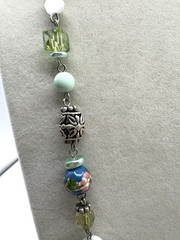 Green & Blue Cloisonne White And Sand Colored Beaded Necklace Silver Tone