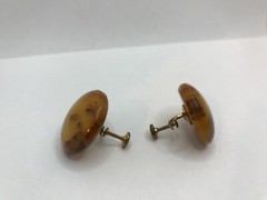 Vintage Butterscotch Bakelite Screw-Back Earrings Brown Marbling 1″ Round Domed