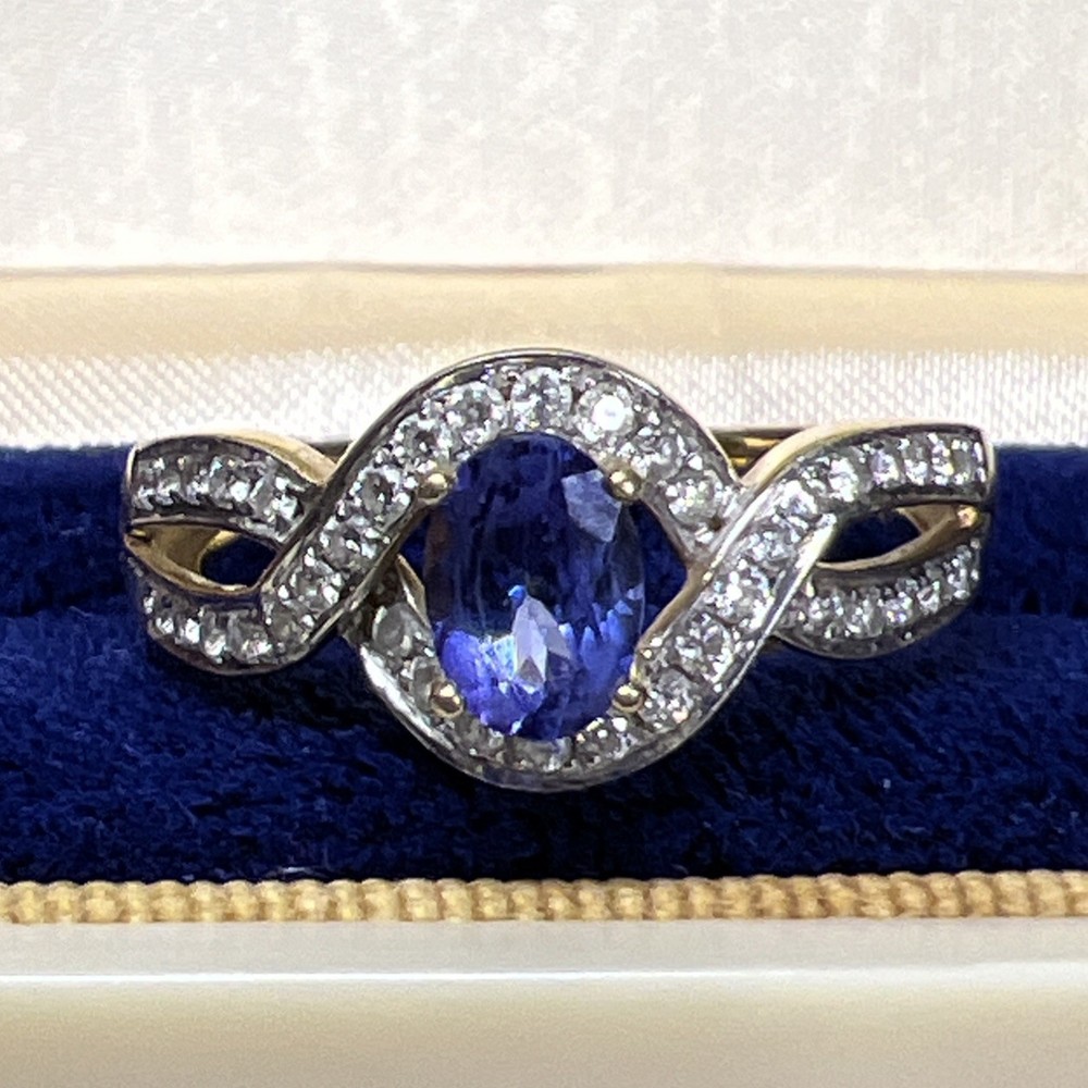 14k Yellow Gold Oval Cut Tanzanite & Round Natural Diamonds Ring Sz 8