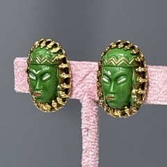 Vintage Green Princess Clip On Earrings Face Mask Gold Tone Germany READ