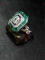 Art Deco Style Ascher Cut Lab-Created Diamond & Emerald Double Halo Silver Ring