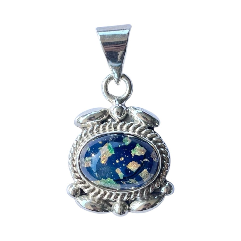 1960s Taxco TC-319 .925 Silver & Opal-Style Dichroic Glass Large Flower Pendant