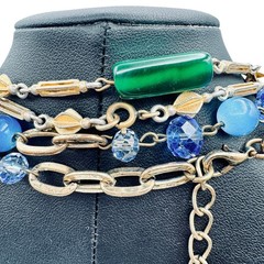 Vintage Station Bead Long Necklaces Green Blue Glass Beads Gold Tone 36″ 48″ 60s