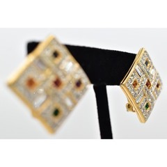 Swarovski Vintage Crystal Clip On Earrings Gold Chunky Multi-Color Signed BinBF