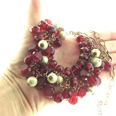 Vintage Red Crystal Glass Bead Dangle Necklace Gold Tone