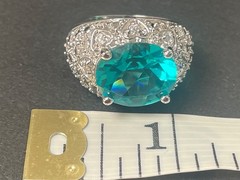 925 Sterling Silver vintage cocktail ring .5” aquamarine Ring 8 ornate MCM domed