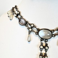 Vintage Moonstone Rhinestone Simulated Pearl Necklace Victorian Poured Glass