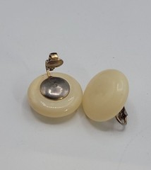 Vintage Marvella Faux Pearl Button Clip On Earring 1″D Ivory Lucite Gold Tone