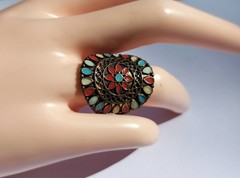 Vintage Handmade Copper Cloisonne Enamel Ring, Size P (17.75 mm) 7.2 g