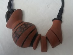 Unique Vintage Terracotta Clay Pottery Choker Necklace on Black 17 inch Cord