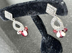 Vintage 925 Sterling Silver Marcasite Burgundy Dangle Earrings