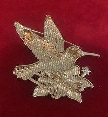 Toile Blue&White Pattern Gold Trim Rhinestones Enamel Hummingbird Flower Brooch