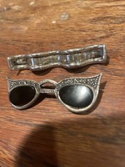 Sterling Cats Eye Sun Glasses Pin + Ribbon Pin Mexico 92.5 Both Well Made