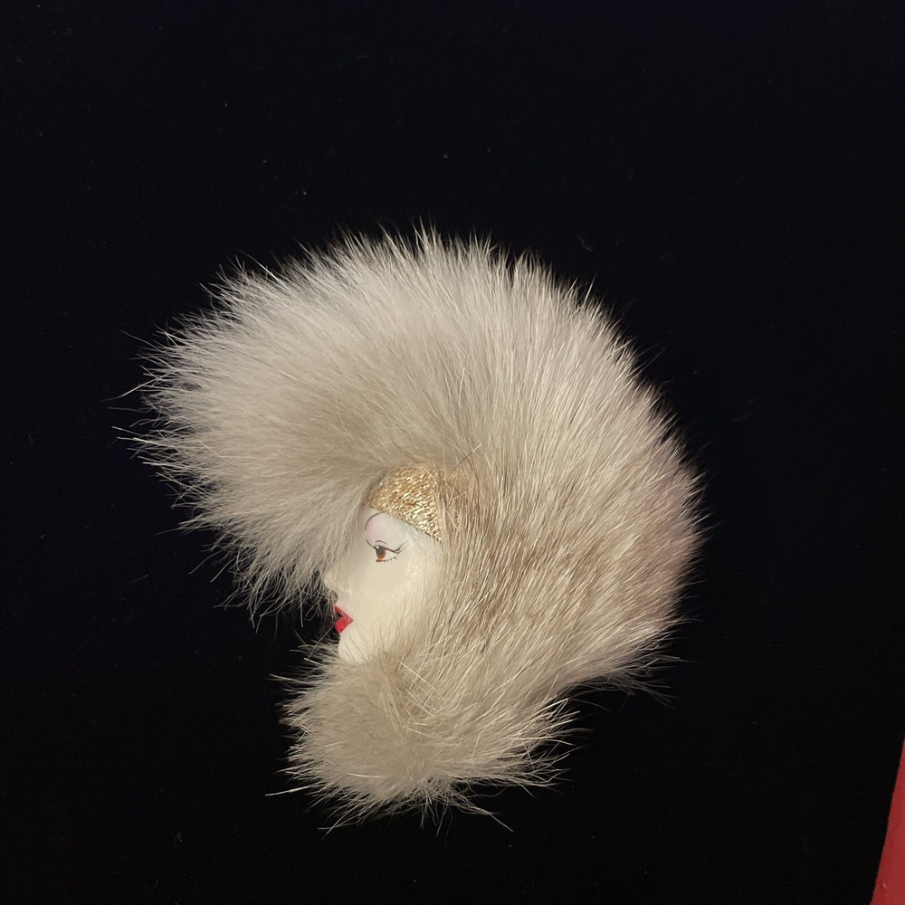 Vintage 1980’s Art Deco Style Lady Profile Brooch Fur Mohawk White Face Eyeliner