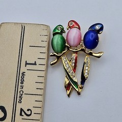 Parrot Jelly Belly Bird Brooch Rhinestone Cats Eye Cabochon Tropical Pin