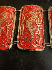 Vintage West Germany Panel Bracelet Seahorse Orange Red Silver Tone Eloxal