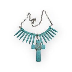 Turquoise Spike Bead & Cross Pendant Necklace – Southwestern Boho Chic Statement