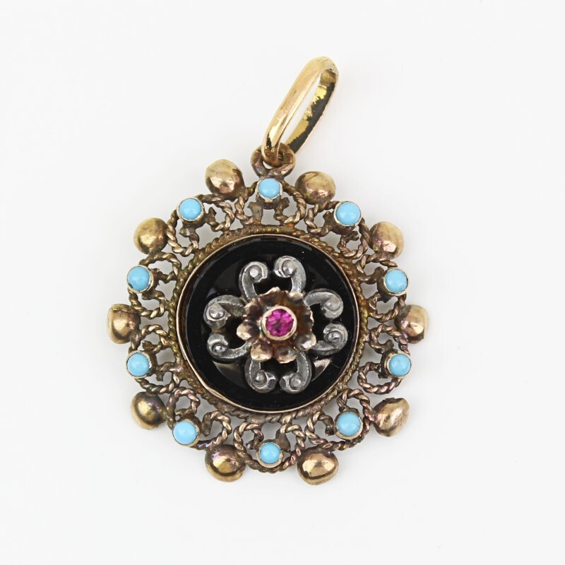 Antique Victorian 19k Yellow Gold Onyx + Ruby + Turquoise Pendant (c. 1870)