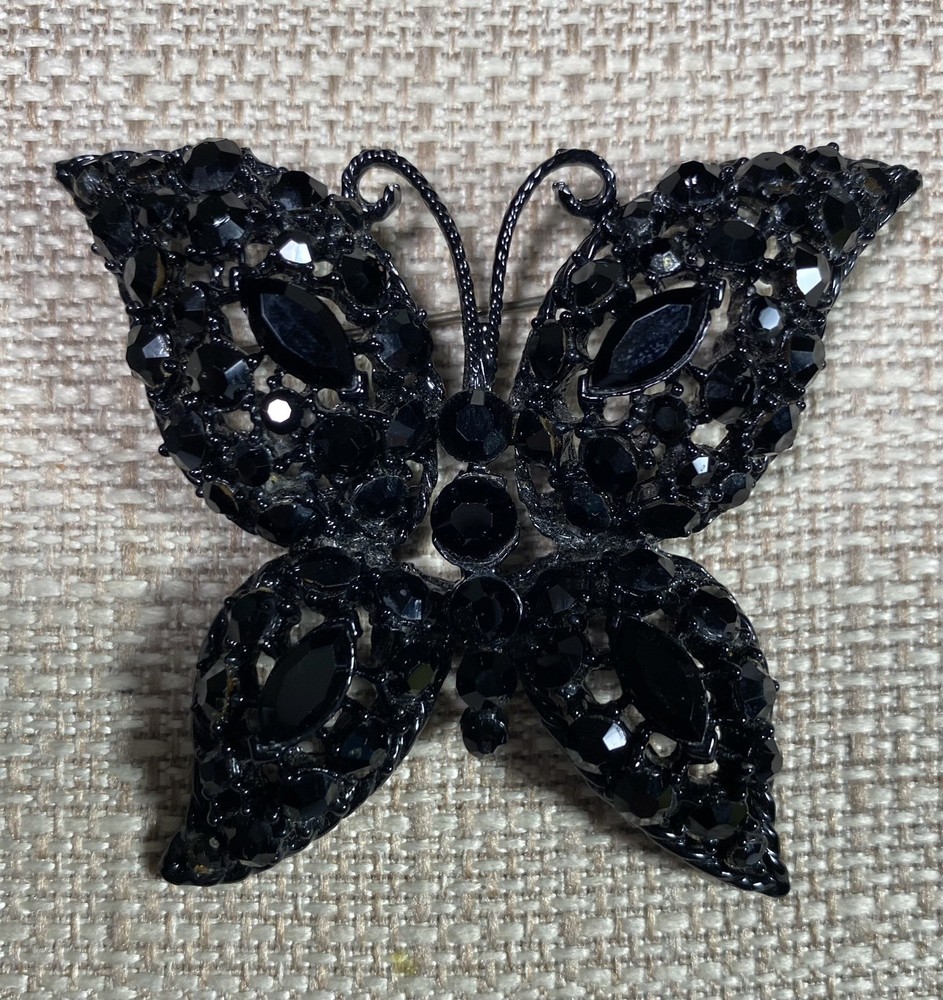 Butterfly Brooch Black Glass Stones