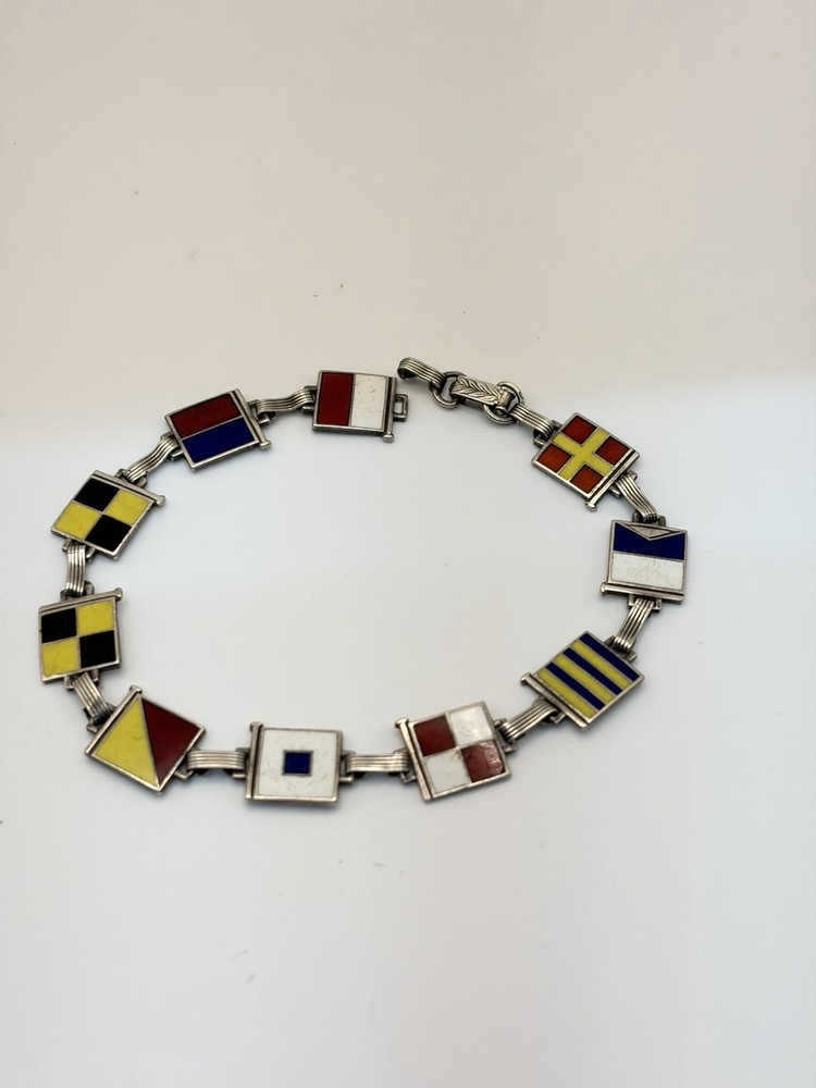 Vintage Enameled Sterling Silver Nautical Flag Sweetheart Bracelet 8.5”