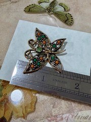 Butterfly Pin, Antique Gold-tone adorned with Faux Coral & Green Cabochons
